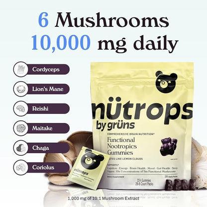 Gruns Nutrops Functional Nootropics Mushroom Gummies, Herbal Brain Supplement Gummy for Energy, Brain Health, Cognitive Support, Mood & Focus - Cordyceps, Lions Mane, Reishi, Chaga & Coriolus Blend