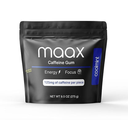 Maax Caffeine Energy Gum | 125mg of caffeine per piece | Coolmint | 125 total pieces per bag | Focus Supplement