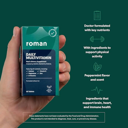 ROMAN Daily Multivitamin for Men | Supports Physical Activity, Brain + Heart Health, and Immune System with 23 Key Nutrients Including Calcium, Magnesium, and Zinc | 60-Day Supply (120 Tablets)