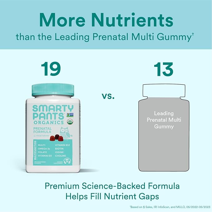 SmartyPants Organic Prenatal Vitamins for Women, Multivitamin Gummies: Biotin, Methylfolate, Omega 3 (ALA), Vitamin D3, C, Vitamin B12, B6, Vitamin A, K2 & Zinc, Vegetarian, 180 Count (45 Day Supply)