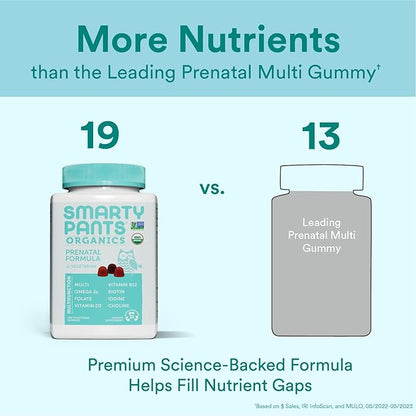 SmartyPants Organic Prenatal Vitamins for Women, Multivitamin Gummies: Biotin, Methylfolate, Omega 3 (ALA), Vitamin D3, C, Vitamin B12, B6, Vitamin A, K2 & Zinc, Vegetarian, 180 Count (45 Day Supply)