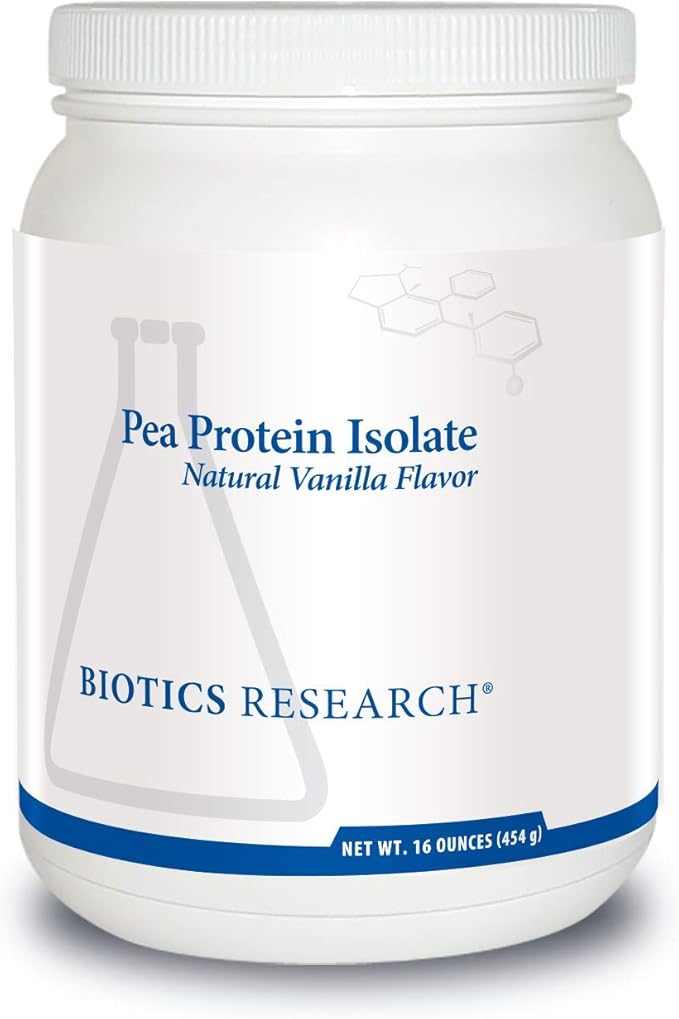 Biotics Research Pea Protein Isolate Natural Vanilla Flavored. Mixes Easily with Water or Juice. Premium Pea Protein. 21 gram Clean Protein per Serving 16 Ounces