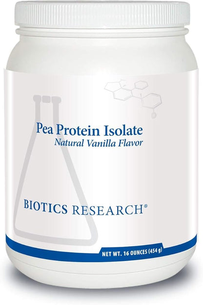 Biotics Research Pea Protein Isolate Natural Vanilla Flavored. Mixes Easily with Water or Juice. Premium Pea Protein. 21 gram Clean Protein per Serving 16 Ounces