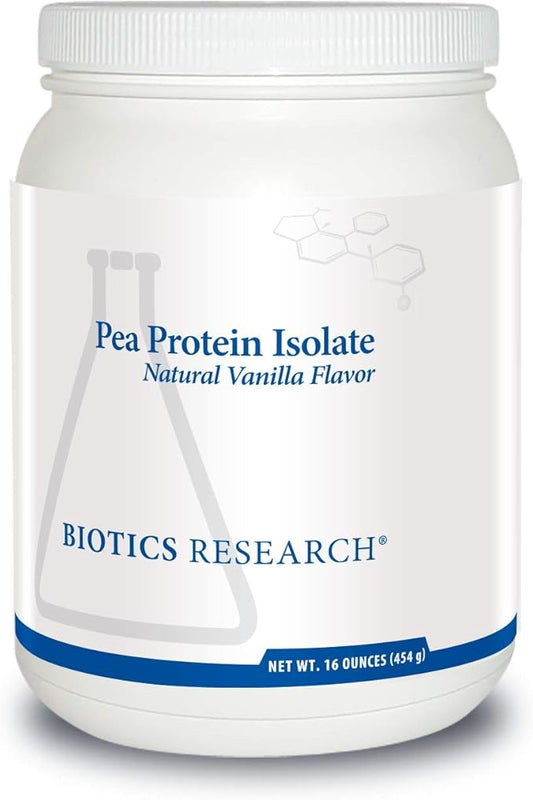 Biotics Research Pea Protein Isolate Natural Vanilla Flavored. Mixes Easily with Water or Juice. Premium Pea Protein. 21 gram Clean Protein per Serving 16 Ounces