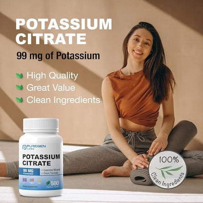 Puregen Labs Potassium Citrate 99 mg of Elemental Potassium Supplement | No Harmful Additives | Non-GMO, Gluten Free | Made in USA - 500 Vegetarian Capsules