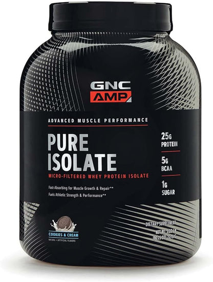 GNC AMP Pure Isolate Protein Powder| 25g Whey Protein Isolate with 5g BCAA | Fuels Athletic Strength, Performance, and Muscle Growth | Cookies & Cream | 70 Servings