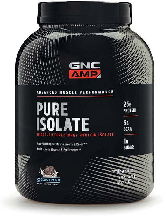 GNC AMP Pure Isolate Protein Powder| 25g Whey Protein Isolate with 5g BCAA | Fuels Athletic Strength, Performance, and Muscle Growth | Cookies & Cream | 70 Servings