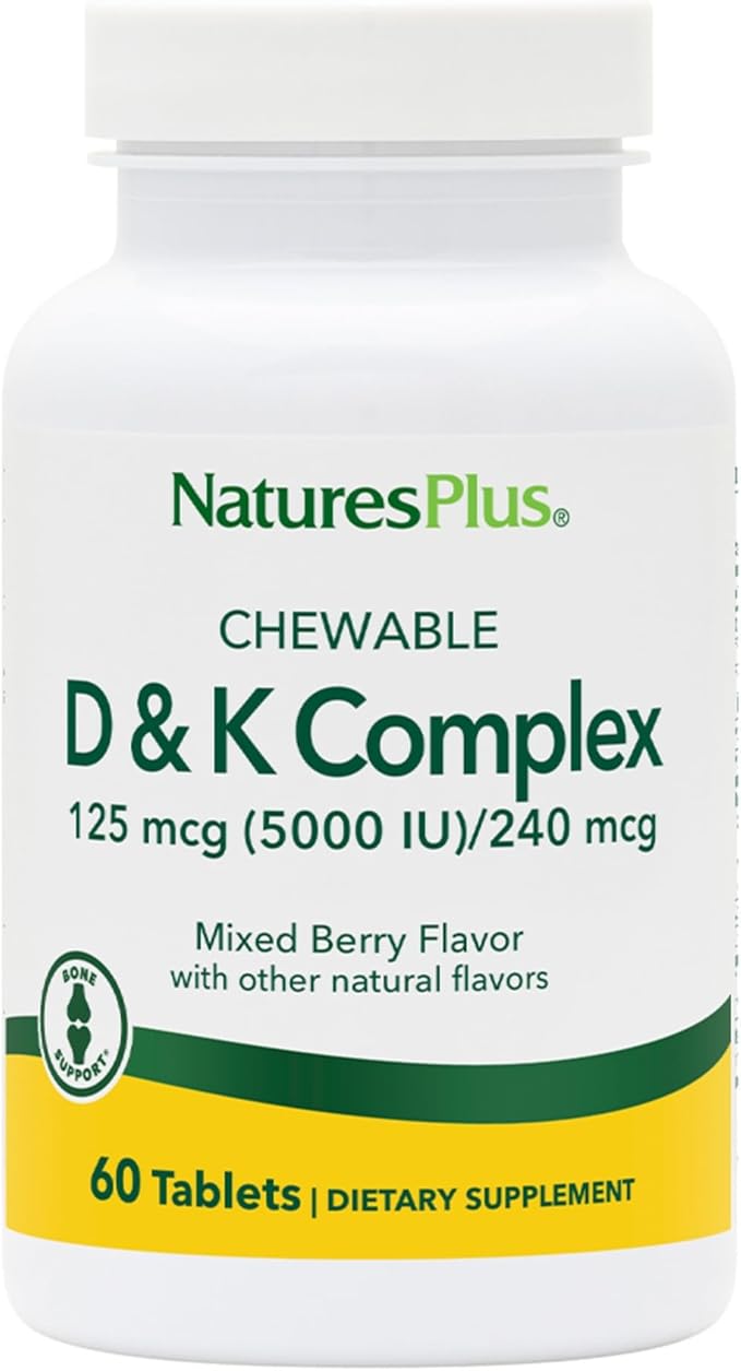 Natures Plus D & K Complex - 60 Mixed Berry Chewables - Supports Calcium Metabolism - Vegetarian, Non-GMO, Gluten Free, Soy Free - 60 Servings