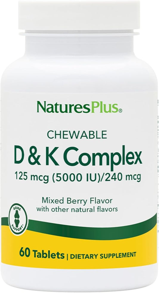 Natures Plus D & K Complex - 60 Mixed Berry Chewables - Supports Calcium Metabolism - Vegetarian, Non-GMO, Gluten Free, Soy Free - 60 Servings