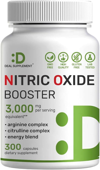 Nitric Oxide Booster 3,000mg Per Serving, 300 Capsules – 12 in 1 Nitric Oxide Supplement – Arginine & Citrulline Complex with Energy Blend – Marshmallow Root – Promotes Nutrient Flow to Muscles &Heart