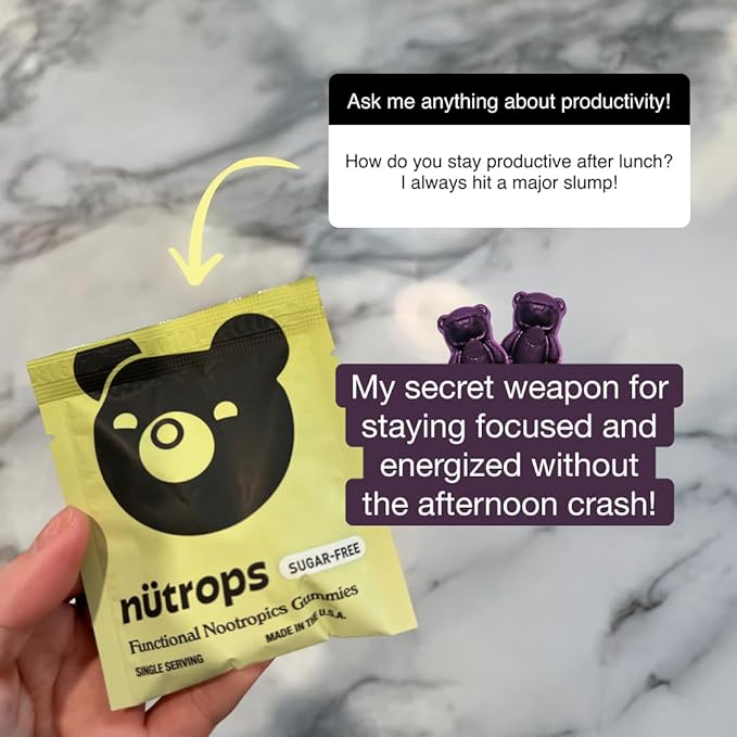 Gruns Nutrops, Sugar-Free Functional Nootropics Mushroom Gummies, Herbal Brain Supplement Gummy for Energy, Brain Health, Mood & Focus - Cordyceps, Lions Mane, Reishi, Maitake, Chaga & Coriolus Blend