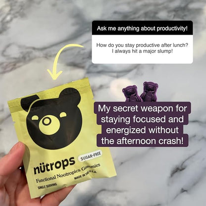 Gruns Nutrops, Sugar-Free Functional Nootropics Mushroom Gummies, Herbal Brain Supplement Gummy for Energy, Brain Health, Mood & Focus - Cordyceps, Lions Mane, Reishi, Maitake, Chaga & Coriolus Blend