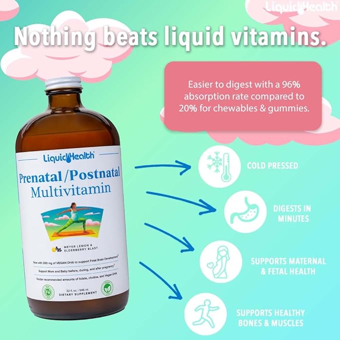 LIQUIDHEALTH Prenatal/Postnatal Multiple Liquid Women's Multivitamin with Real Folate - Pre & Postnatal Vitamins for Before, During, After Pregnancy - Vegan, Sugar-Free, Non GMO, Great Taste (3 Pack)