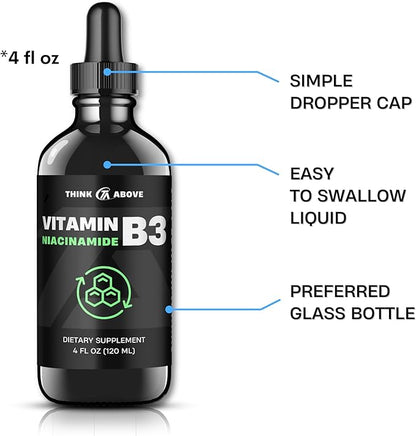 Liquid Vitamin B3 (as Niacinamide) Supplement - Non Flush Form of Niacin - Convenient Niacin Drops for Women and Men - 4 oz (120ml)