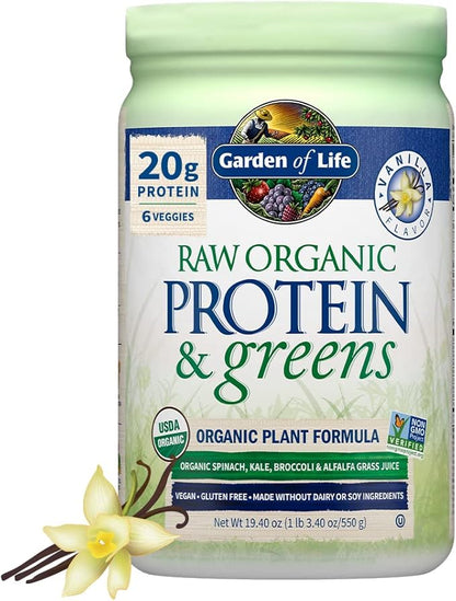 Garden of Life Raw Organic Protein & Greens - Vanilla - Vegan Protein Powder for Women and Men, Plant Protein, Pea Protein, Greens & Probiotics - Dairy Free, Gluten Free Low Carb Shake, 20 Servings