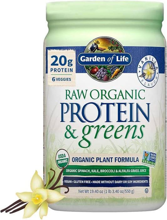 Garden of Life Raw Organic Protein & Greens - Vanilla - Vegan Protein Powder for Women and Men, Plant Protein, Pea Protein, Greens & Probiotics - Dairy Free, Gluten Free Low Carb Shake, 20 Servings