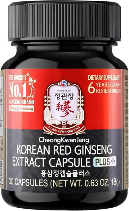 CheongKwanJang Korean Red Ginseng Extract Capsules Plus | All-in-1 Focus Pills for Men & Women | Natural Energy Supplements,Circulation, Immune Support, Brain Booster | 30 Capsules