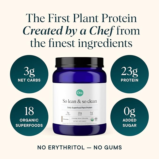 Ora Organic Vegan Protein Powder - 23g Plant Protein for Women and Men - Chocolate Flavor 20 Servings, Bloat-Free, Gluten Free, Non-GMO, No Artificial Sweeteners
