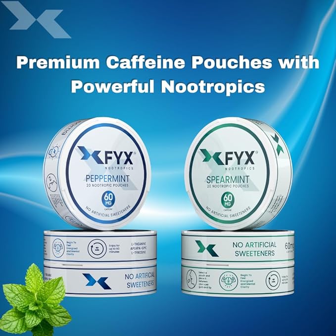 FYX Caffeine Nootropic Pouches (Peppermint) – Clean Energy & Focus with Alpha-GPC, L-Tyrosine & L-Theanine – Energy Boost 60mg Caffeine Pouches – Sugar-Free Alpha Nootropic Pouches – 20-Pack