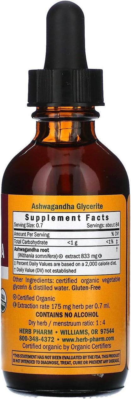 Herb Pharm Certified Organic Ashwagandha Extract Drops for Traditional Support for Energy and Vitality, Alcohol-Free Glycerite, 2 Oz