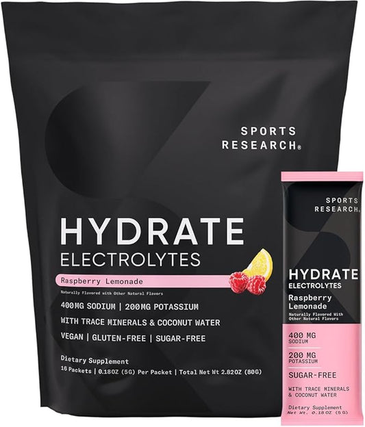 Sports Research Hydrate Electrolytes Powder Packets - Sugar-Free & Naturally Flavored with Vitamins, Minerals, and Coconut Water - Supports Hydration - 16 Packets - Raspberry Lemonade