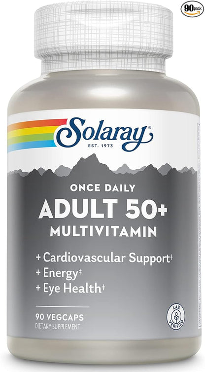 Solaray Once Daily Adult 50+ Complete Multivitamin for Women & Men, Essential Vitamins & Chelated Minerals for Healthy Energy, Heart, Brain & Immune Support, With CoQ10 & Lutein, Iron Free, 90 VegCaps