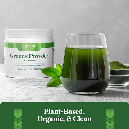 Pattern Wellness Greens Powder Superfood - Complete with Antioxidant, Digestive Enzyme, Fiber, Probiotic, & Adaptogen Blends - Gut, Digestion, & Immune System - 30 Servings - 6.6 oz (Unflavored)