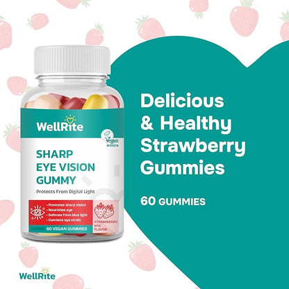 Sharp Eye Vision Gummy Vitamins, 60 Count, Strawberry Mix Flavored, Vegan, Gelatin Free, Gluten Free, Nut Free, Promotes Sharp Vision, Defense from Blue/Digital Light, Combats Eye Strain