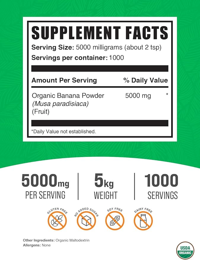 BulkSupplements.com Organic Banana Powder - Fruit Powder - Banana Flavoring Powder - Smoothie Powder - Dried Bananas Powder (5 Kilograms - 11 lbs)