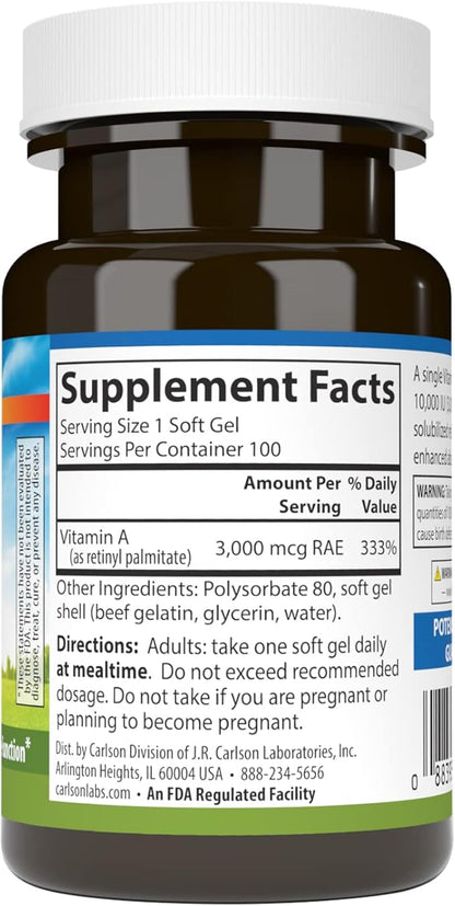 Carlson - Vitamin A Solubilized, 10000 IU (3000 mcg RAE), Water Soluble, Vision Health, 100 Softgels