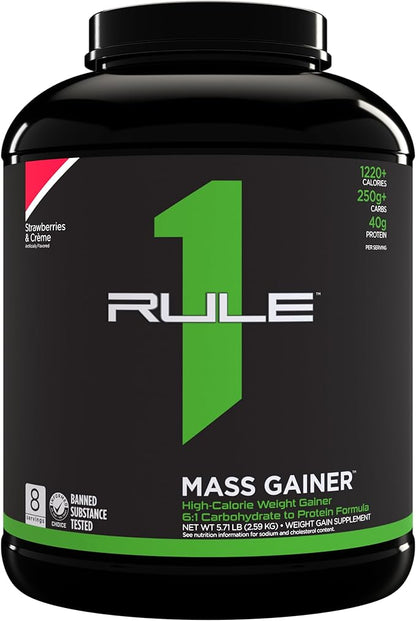 Rule One Proteins, Mass Gainer-Strawberries & Crème, High-Calorie Weight Gain Formula w/ 1,220+ Calories, 250g+ Complex Carb Blend, 40g All-Whey Protein, 8g Fat Per Serving, 6 Pounds, 8 Servings