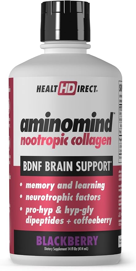 HEALTH DIRECT - AminoMind - Nootropic Collagen Supplement for Brain Health and BDNF - Pro-Hyp & Hyp-Gly Dipeptides, Coffeeberry Antioxidants - BlackBerry - 14 Fl Oz (28 Servings)
