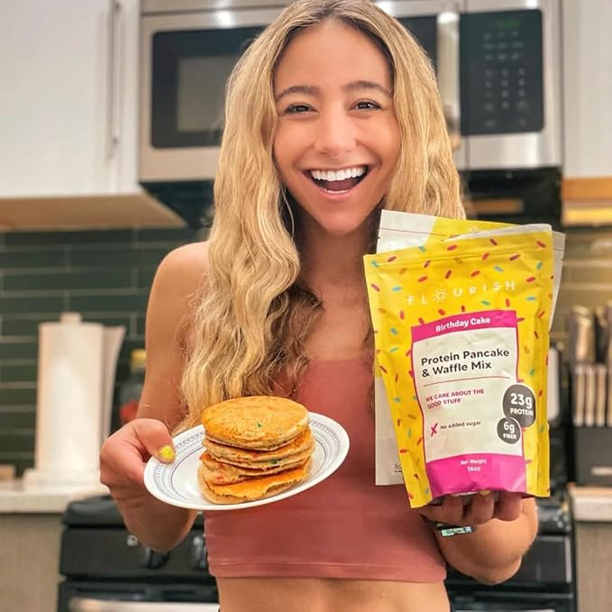Flourish - Protein Pancake & Waffle Mix, Whey Protein Isolate & Flax Seed, Non-GMO, No Added Sugar, Superfood, High Protein & Fiber, Just Add Water - Birthday Cake, 16oz
