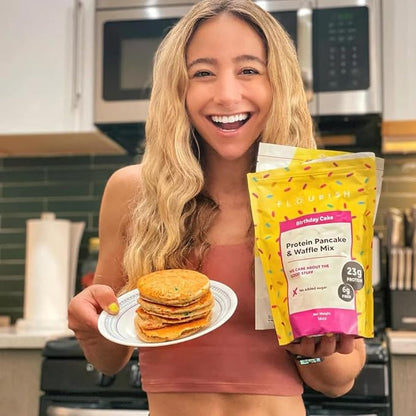 Flourish - Protein Pancake & Waffle Mix, Whey Protein Isolate & Flax Seed, Non-GMO, No Added Sugar, Superfood, High Protein & Fiber, Just Add Water - Birthday Cake, 16oz