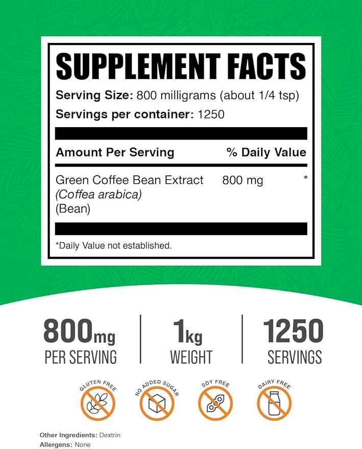 BulkSupplements.com Green Coffee Bean Extract Powder - Green Coffee Bean Supplements, Green Coffee Bean Powder - Energy Support, Gluten Free, 800mg per Serving, 1kg (2.2 lbs) (Pack of 1)