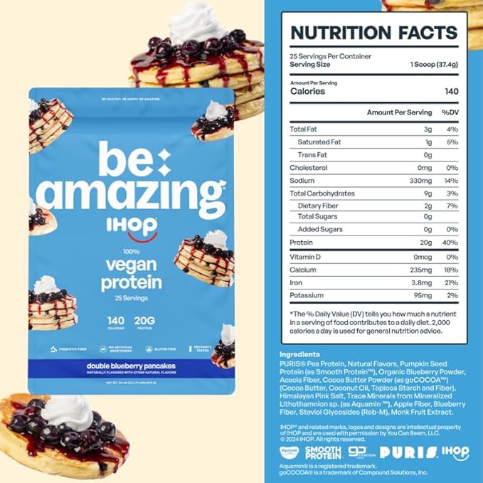 BEAM Be Amazing Vegan Protein Powder | 20g Plant-Based Protein with Prebiotics Fibers | Gluten Free Shake Mix | Low Carb Non-Dairy Smoothie | IHOP Double Blueberry, 25 Servings