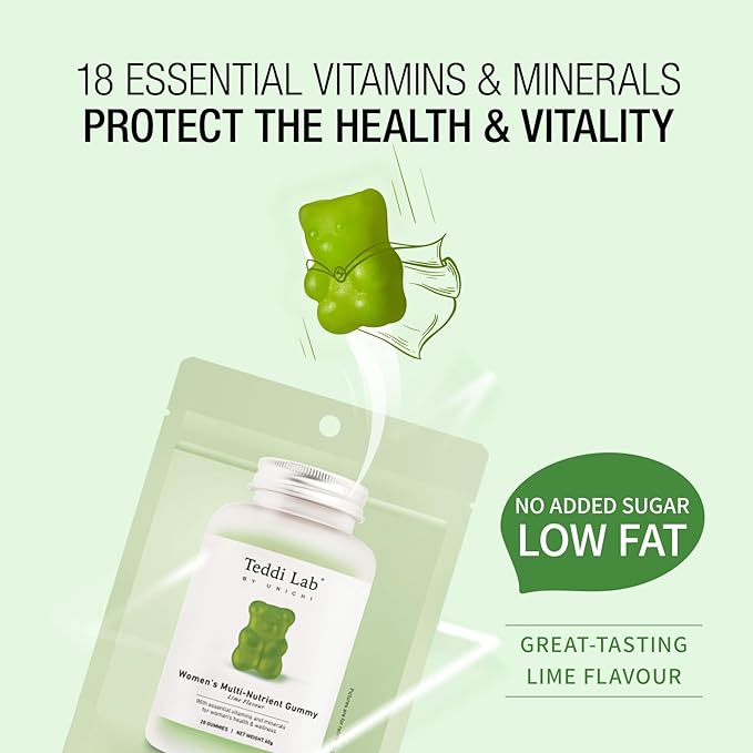 Unichi Women’s Multi-Nutrient Gummy 20 Count, 18 Essential Vitamins & Minerals Specially Designed for Women to Improve Overall Vitality, Non-GMO, Lime Flavour
