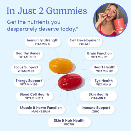FIRST DAY Women’s Daily Supercharge Multivitamin Gummies – Includes Methylfolate & Methylcobalamin B12, Vitamins A, B1, B6, C, D3, E & K + Magnesium, Zinc, Biotin – Only 2g Sugar – 30 Day Supply