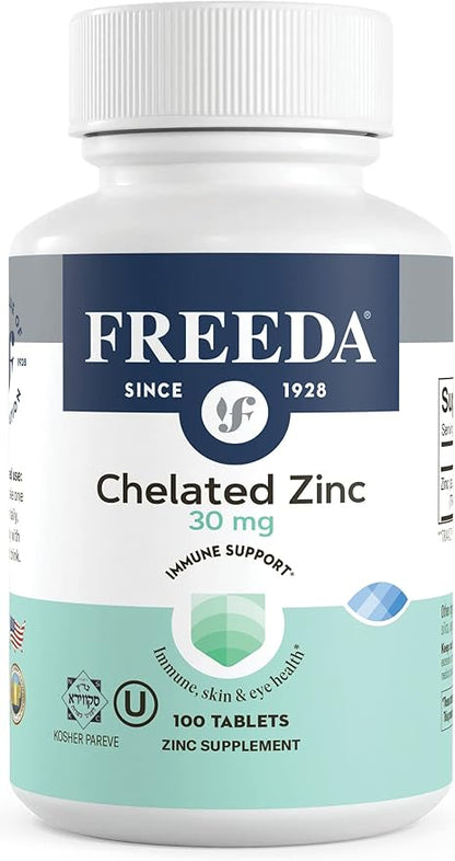 Freeda Chelated Zinc Supplement - Kosher 30 mg Zinc Chelate Zinc Tablets as Albion TRAACS Zinc Bisglycinate - Zinc Chelated for Adults - Pure Zinc 30mg - Zinc for Men & Women - (100 Tiny Tablets)