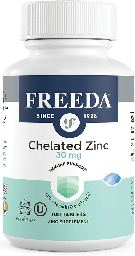 Freeda Chelated Zinc Supplement - Kosher 30 mg Zinc Chelate Zinc Tablets as Albion TRAACS Zinc Bisglycinate - Zinc Chelated for Adults - Pure Zinc 30mg - Zinc for Men & Women - (100 Tiny Tablets)