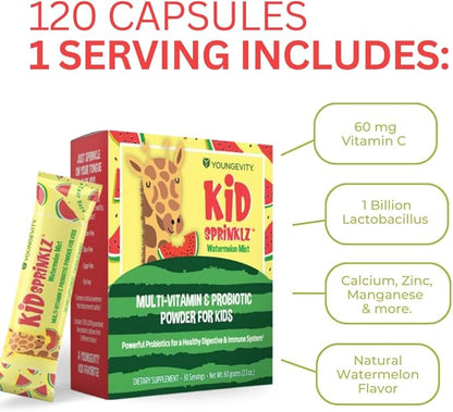Youngevity Kidsprinklz Watermelon Mist Multi-vitamin Powder - Kids Multivitamin & Toddler Multivitamin - Vitamins, Minerals, & Probiotics - 30 Servings