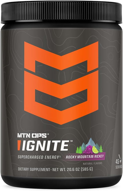 MTN OPS Ignite Energy Drink Powder, Gluten Free Nitric Oxide Supplement Drink Mix, L Arginine, L Citrulline, Caffeine & Nootropic Sugar Free Drink Mix, 45 Servings, Rocky Mountain Rickey