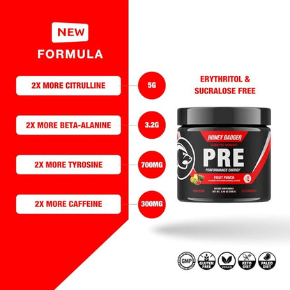 Honey Badger Pre Workout Powder, Keto Vegan Preworkout for Men & Women, Beta Alanine & Caffeine, Sugar Free Natural Energy Supplement, Fruit Punch (High-Stim)