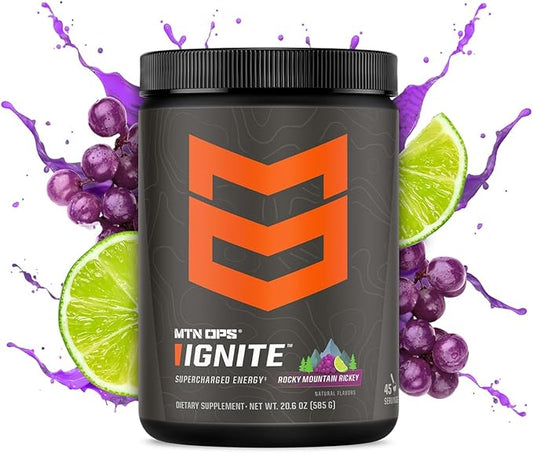MTN OPS Ignite Energy Drink Powder, Gluten Free Nitric Oxide Supplement Drink Mix, L Arginine, L Citrulline, Caffeine & Nootropic Sugar Free Drink Mix, 45 Servings, Rocky Mountain Rickey