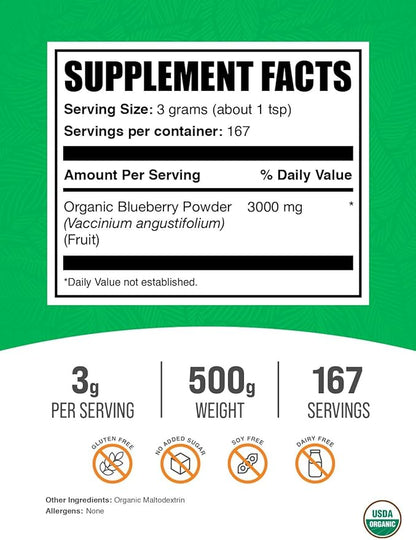 BulkSupplements.com Organic Blueberry Powder - Blueberry Supplement, Wild Blueberry Powder - Antioxidant Support, Gluten Free, 3g per Serving, 500g (1.1 lbs) (Pack of 1)