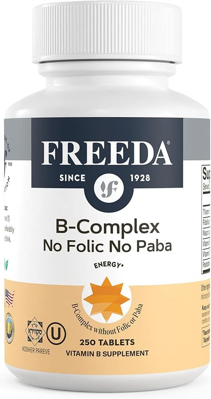 Freeda Vitamin B Complex No Folic No PABA - Super B Complex Kosher Vitamin Supplement with Vitamin B1 Vitamin B2 Vitamin B3 Vitamin B5 Vitamin B6 Vitamin B12 - Vit B Complex B for Women & Men (250 Ct)