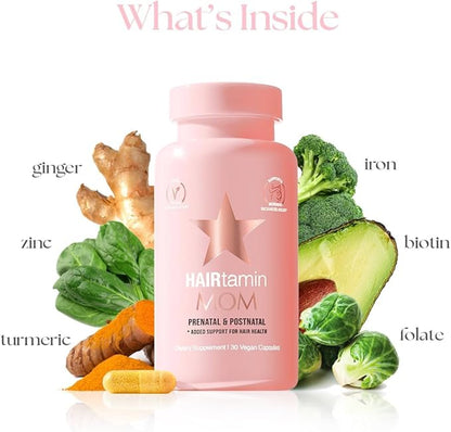 HAIRtamin MOM Vegan Prenatal & Postnatal Multivitamin Supplement & Hair Vitamin Pregnancy, Postpartum, Breastfeeding Probiotic One-a-Day Hair Vitamins with Biotin, Zinc, Iron (30 Counts)
