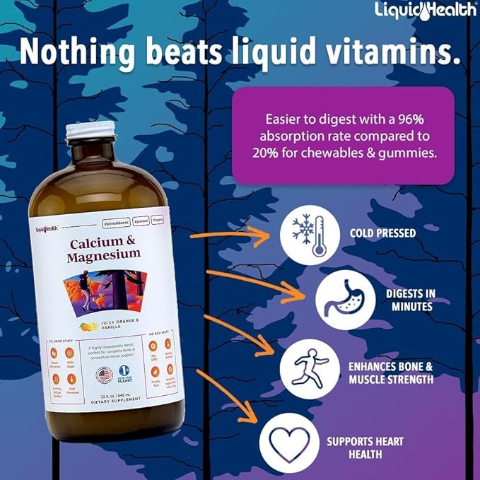 LIQUIDHEALTH Calcium & Magnesium Adult Liquid Vitamin Supplement - Bone, Joint, Muscle, Connective Tissue Support, Heart Health, Essential Nutrients - Great Taste, Vegan, Non GMO, Sugar-Free (3 Pack)
