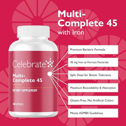 Celebrate Vitamins Multi-Complete, 45mg Iron – Daily Bariatric Multivitamin for Sleeve Gastrectomy and Gastric Bypass Surgery Patients – Essential Vitamins & Minerals (180 Capsules)