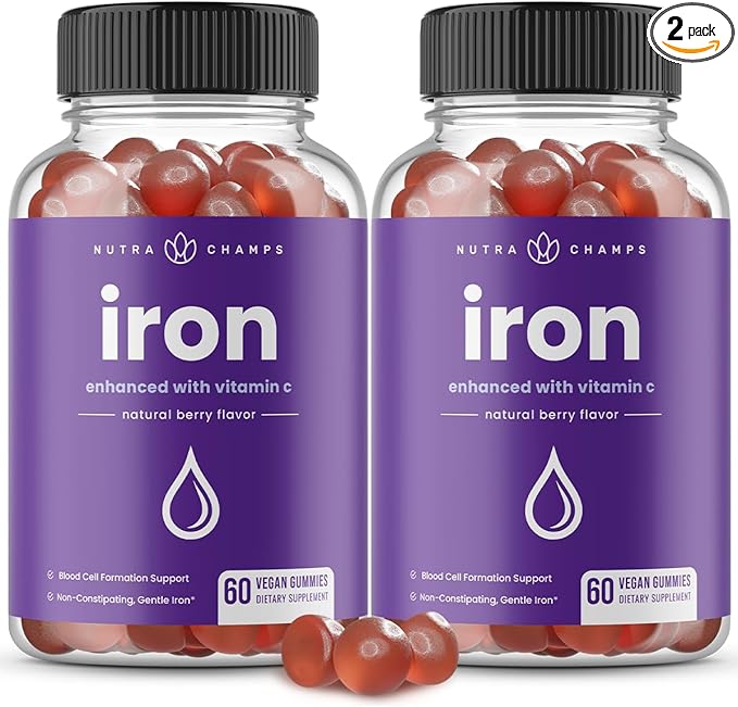 Iron Gummies with Vitamin C | 20mg Iron Gummies for Women, Men & Kids | Blood Cell Formation Support | 120 Gummies | Iron Gummy for Iron Deficiency & Anemia | Energy, Focus, Immune Boost (2 Pack)